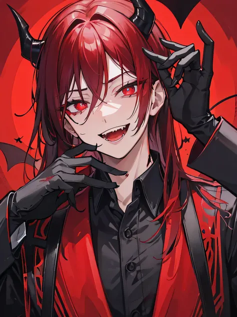 A handsome man, demon, insane smiling, dark-red sclera, bright-red irises and thin black pupils, dark red hair color, demon horns, demon tails, twenty-seven-years-old, insane laughing, wearing black gloves, insanity, psychopath, psycho, blood orb, demon ki...