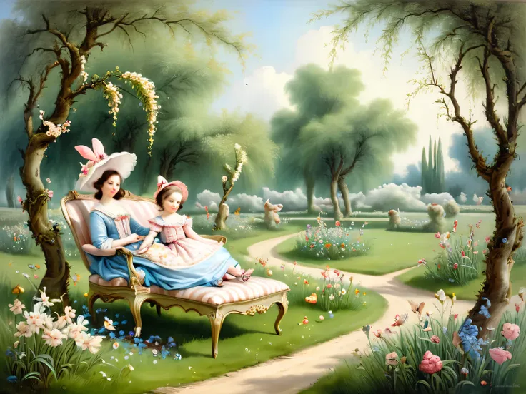 An oil painting on canvas in the style of the artist Francois Boucher combined with the style of the artist Nicoletta Ceccoli, a pastoral idyll, a beautiful cozy fairy-tale garden with large spreading willows and large flowers, in this beautiful cozy garden a pastoral idyll reigns, in the garden under a spreading willow surrounded by large flowers on a park bench sit 2 strange anthropomorphic humanoid butterflies in the costumes of the 19th century, the pastoral rest of humanoid butterflies in the shade of a spreading willow, pastoral anthropomorphic butterflies, pastoral surrealism, in full accordance with the style of Francois Boucher combined with the style of Nicoletta Ceccoli, clearly, in detail, 8k, naiv