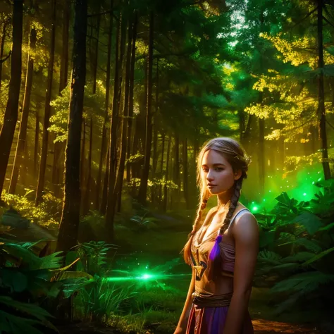 1girl, braided hair, forest, colorful glowing particles, magical lush, cowboy shot,  soft light, masterpeace, best quality, highly detailed, realistic, looking at viewer,