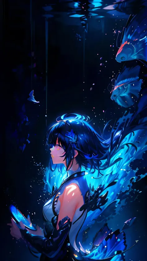 anime girl with blue flowers and fish in her hair, conrad roset and makoto shinkai, makoto shinkai cyril rolando, perfect blue, jen bartel, laurie greasley and james jean, by Jin Nong, a beautiful artwork illustration, wallpaper anime blue water, by Yanaga...