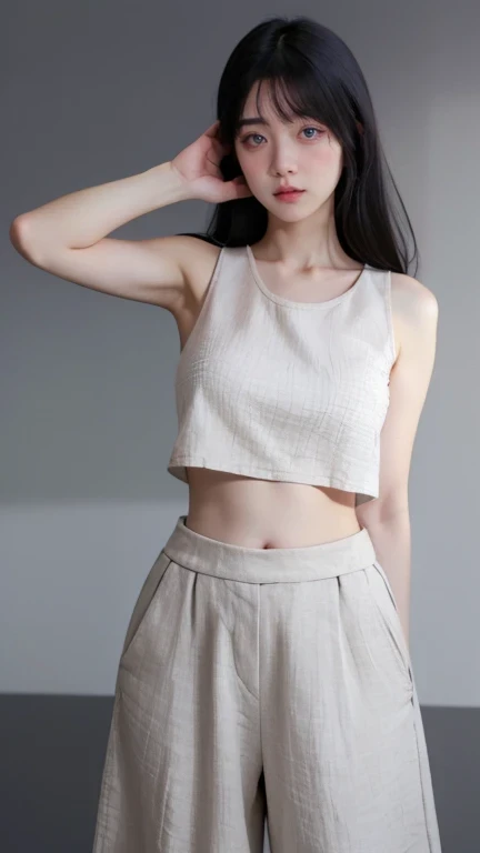 cinematic lighting, masterpiece, UHD, anatomically correct, textured skin, super detail, high quality, award winning, highres, 16k, 8k, full body shot, a young korean woman, age 25, baby face, medium breast, ((Cropped Tank with Linen Culottes)), proud pose...