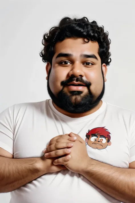 2D,An animated cartoon funny indian FAT confused man with beard and curly hair and goggly eyes chubby face wearing red collared T-shirt looking at multiple hands holding different colors towards him, close up shot, frontal view, face ,animated facial expre...