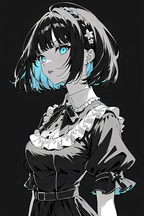 ( best quality, outline:1.2),realistic,illustrator,anime,1 girl, detailed lips, black dress,custom, (monochrome dark background)...