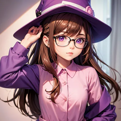 A Girl with Glasses, Cute Face, PINK Shirt, Brown Hair, Purple Eyes, PINK Witch Hat