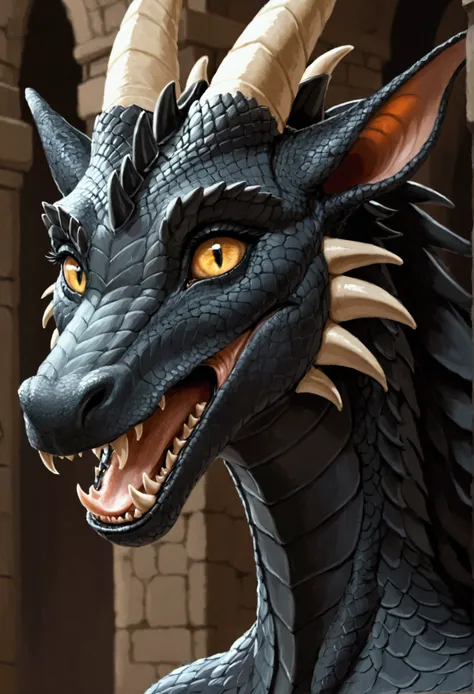 perfect picture, masterpiece, high quality, anthro dragoness, long snout, nostrils, slit eyes, rows of long fangs, horns, from side, open mouth, black scales, horn between nostrils, long neck, close up