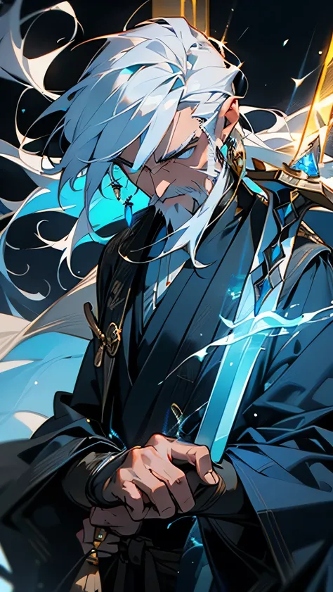 “Arest, an imposing elder with sharp, angular facial features, including high cheekbones and a straight, aquiline nose. His deep-set eyes are intense and glow faintly with a mystical light, emphasizing his connection to ancient wisdom. His silver hair is l...