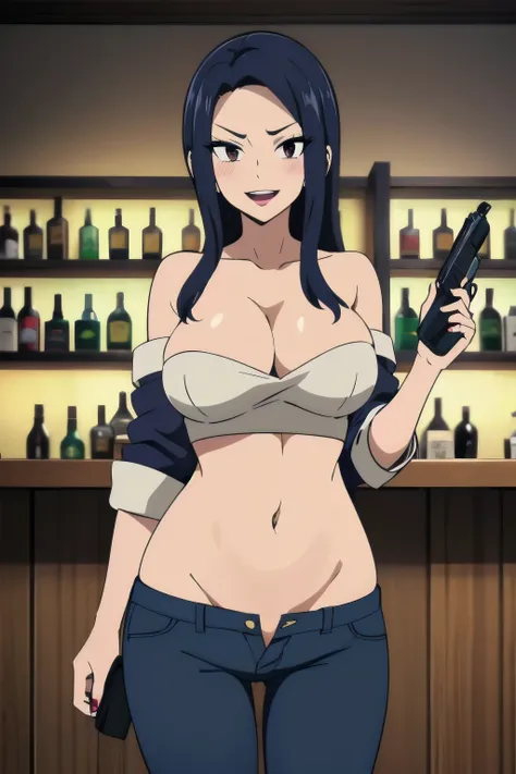 KURENAIKOGETSU,  lipstick,smile, ear piercing, long hair, blush, lipstick,Hot girl, baddie, smoking, sensual, attractive ,bar background, inside bar,indoors, masterpiece,high quality,4k, bare
shoulder,belly,crop top,holding pistol,cleavage, unbuttoned shir...