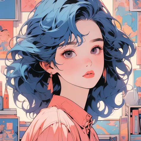 whole body, Upper Body, Have iPhone , Messy room, Apartments, 1 Girl, 4K, Warm colors , short hair , skirt, blouse、Faint lighting、Detailed Hair、Perfect Face、80s fashion、Retro Color、Highest quality、Detailed Background、Complex background、Sunset