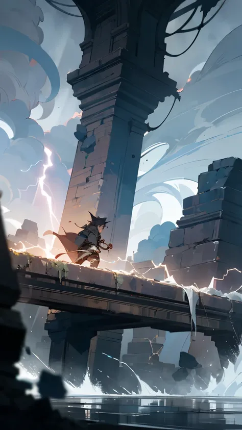 “A narrow, ancient stone bridge stretches across a vast chasm within the labyrinth, with swirling storm clouds above and lightning crackling in the distance. Lius and Misha cautiously make their way across, while the wind howls and rocks tumble from the ed...