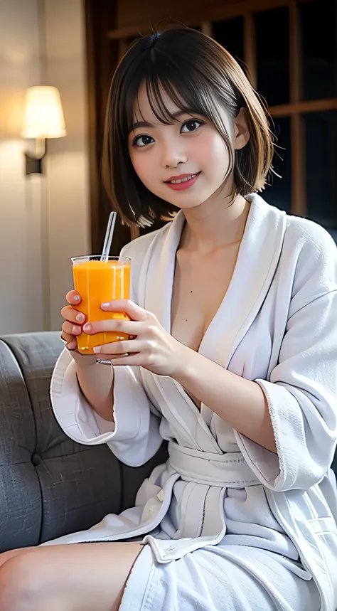 ( table top ,  best quality:1.4),  facial beauty, 8k, 85mm,  absurd, (( dim hotel bedroom ))、(( wearing a thick white bathrobe:1...