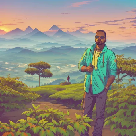 arafed man standing in front of a bush with a view of a valley, with mountains in the background, in mountains, standing in front of a mountain, with mountains in background, amidst of nature fully covered, moutain in background, background: assam tea gard...