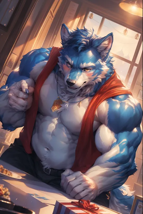 (By Empty Ghost, From thebigslick, By Dark Gem, Will chase), High-quality photos, Perfect anatomical structure, (duo:1.6), (wolf print), bare wolf, wolf, 30, gay, lover, (blue fur:1.3), (white massive pectoral muscles), strong physique, chubby, cute, perfe...