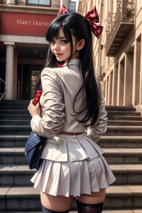 (Girl Standing On School Steps)，charming eyes，heartwarming action，turn away from the camera，(Rear view)、(look back)，turn back，look up your head，thick long black hair，highly detailed body，highly detailed face，best quality,(high school girl),((white blazer、c...