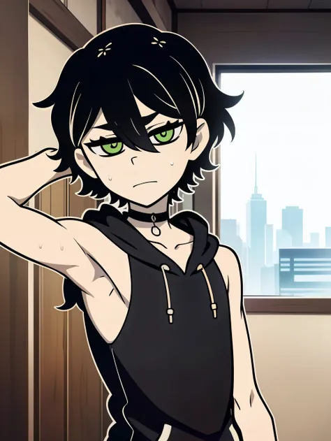 Highres, Masterpiece, Best quality at best,Best Quality,hight quality, hight detailed, Anime style, 1boy, Shota, Young boy, Young andy graves, hair between eyes, closed mouth,black hair, green eyes, Slim body, messy hair, look at viewer, Sleeveless hoodie,...