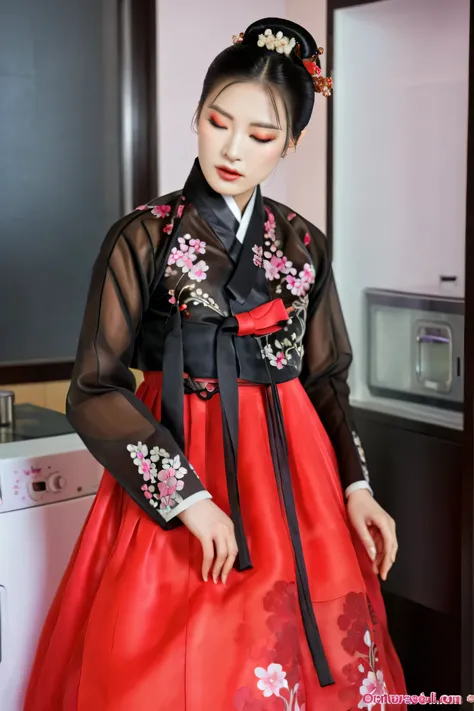 a korean man in women's hanbok, hi is crossdresser, his face and hairstyle are very masculine, silk, sexy hanbok for sexy women,...