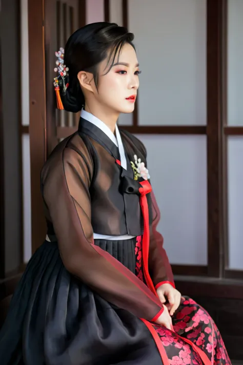 a korean man in women's hanbok, hi is crossdresser, his face and hairstyle are very masculine, silk, sexy hanbok for sexy women,...