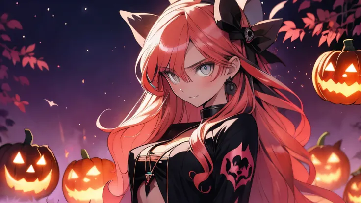  A female anime character ,  with long hair and glowing eyes , em uma pose sensual para Halloween. Ela veste um top e micro shorts,  with Halloween-themed details like pumpkins , bats or skulls .  The scene has soft lighting and a full moon background,  sh...