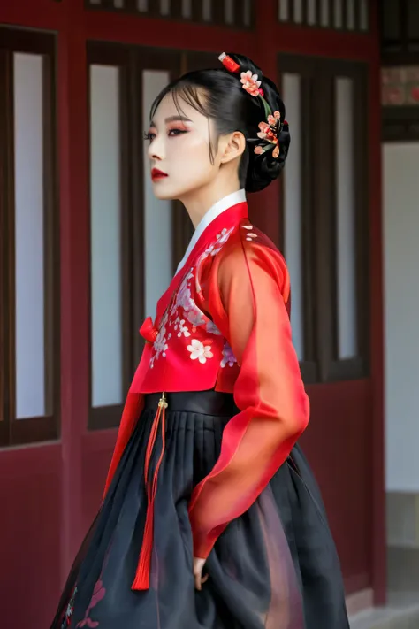 a korean man in women's hanbok, hi is crossdresser, his face and hairstyle are very masculine, silk, sexy hanbok for sexy women,...