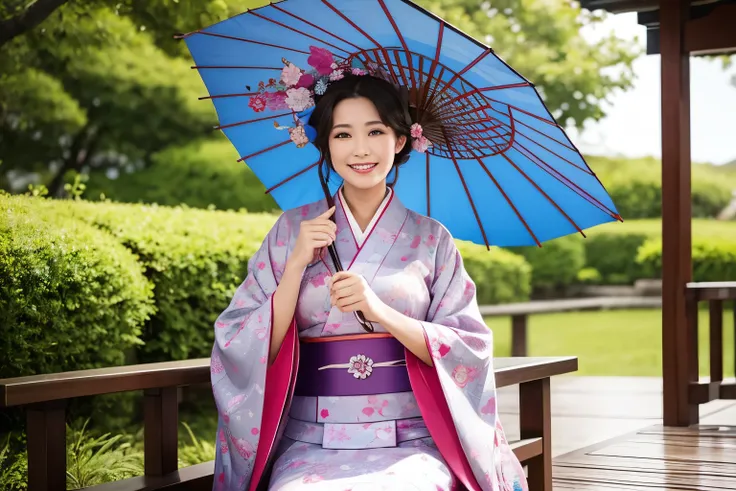  best quality　masterpiece　 Details　 A super beautiful woman with a stylish Janome umbrella next to her is smiling, wearing a kimono, and losing her seat　There is a stylish Janome umbrella next to it　Photo style　Artistic　 Fantasy 