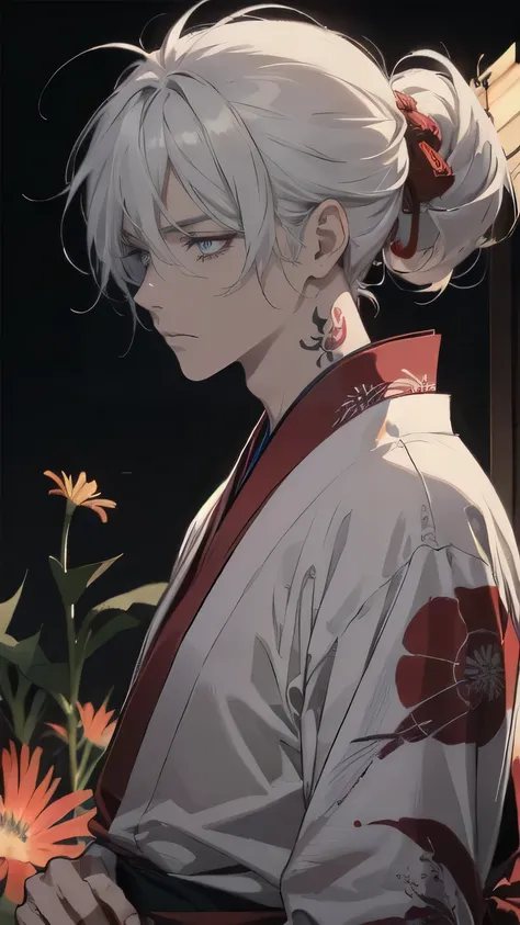 1male, masculine, ((mature)), sharp feature, masterpiece, ultra detailed, sharpened, white hair, long hair, messy hair, ash gray eyes, red yukata, ((red tattoos)), (old japan background), detailed background, expressionless, emotionless, old japan town bac...