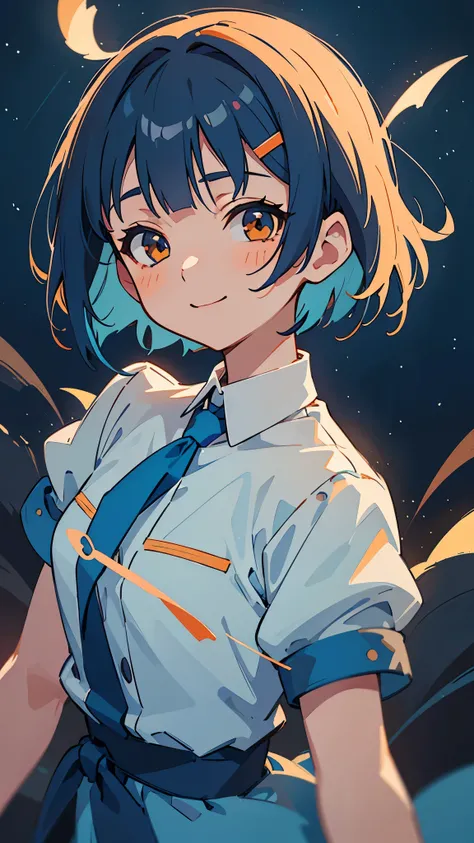  1 Girl 、masterpiece、 best quality、 Details、Light blue and orange tones、Dark blue hair、 bob cut from the front、Tie your hair with a hair clip、Beautiful brown eyes、 dancer、 starry sky 、night、Anime style painting、Hard Edge、Soft Surface、smile、 close up of the...