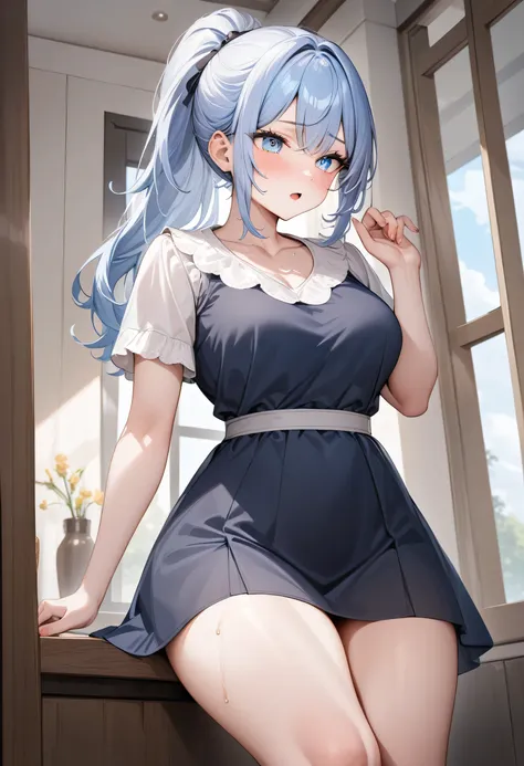 ((masterpiece)), (( best quality by the window)), transparent blue eyes,  blue hair ,  ponytail, soft skin,  cute , pretty,  att...