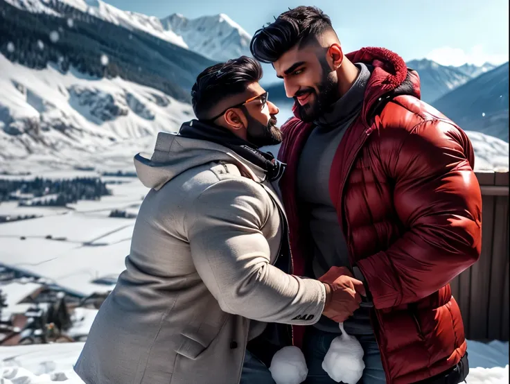 indian muscular daddy Arjun khanna gay couple hunk proposing to each other, Arjun khanna give red rose flower to another man and another man hold red rose in hand snow flakes stuck in indian daddy beared and hair. perfect angel view, two indian beared dadd...