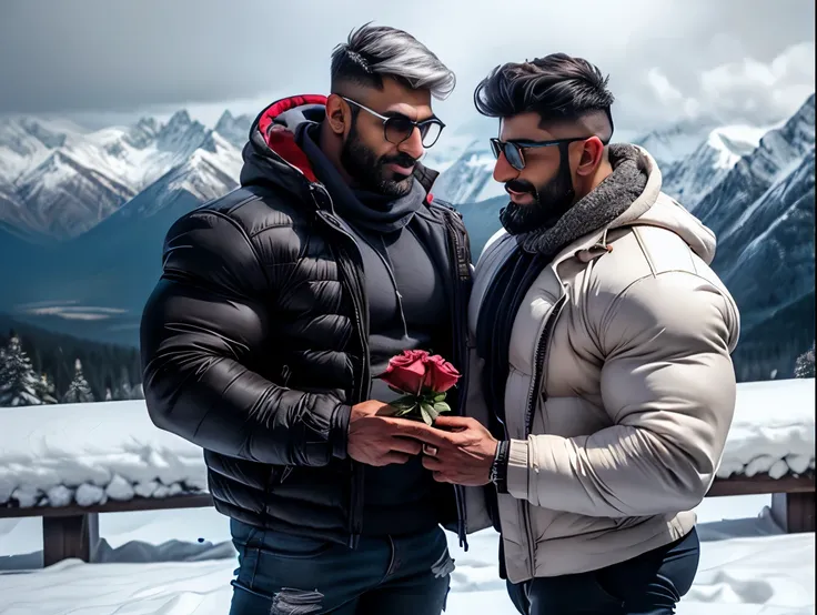 indian muscular daddy Arjun khanna gay couple hunk proposing to each other, Arjun khanna give red rose flower to another man and another man hold red rose in hand snow flakes stuck in indian daddy beared and hair. perfect angel view, two indian beared dadd...