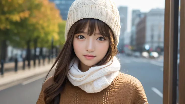  high definition、4K、Photo quality、 real stick 、 soft light source 、 one girl who is at ease,  pretty girl , 20 years old,  Brown Eyes , Parted bangs, Brown Hair,  medium hair,  looking at the camera、 upper body。 It&#39;s winter。In the footbath in the open ...