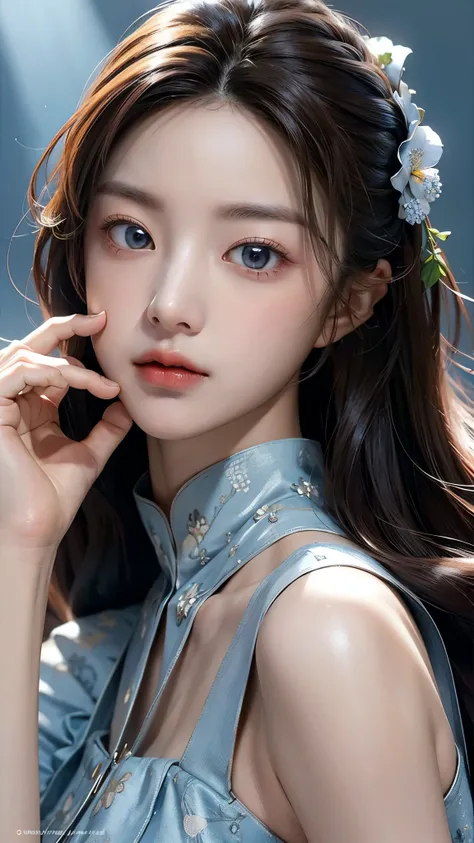(masterpiece), ( top notch ), ( High Quality Details ), (illustration), (1 woman), is watching the audience, (Interview), Beautiful, detailed eyes , Hair length is random , Floating , (High saturation), (shining), blue sky, Bright and beautiful face, H...