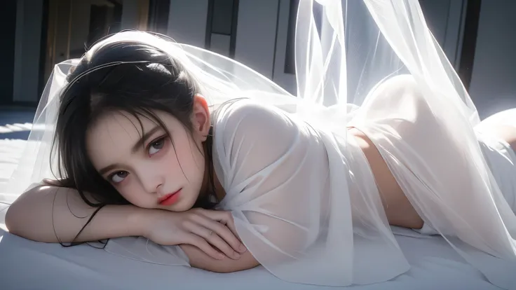 ( lies down),(girl hiding with a wet white veil)、(best qualtiy)),((Superior Quality, 8k, tmasterpiece: 1.5)), Pubic area is clear: 1.2, Perfect Body Beauty： 1. 4) Wet Skin, smile, Film texture, Photorealistic, High image quality, 1 person, single, High hip...