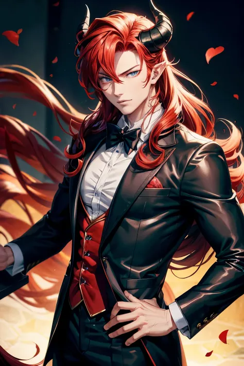 anime character with red hair and horns in a black suit, anime handsome man, beautiful  prince, tall anime guy with blue eyes, anime portrait of a handsome man, handsome japanese demon boy, handsome guy in demon slayer art, masculine prince, dapper dream d...