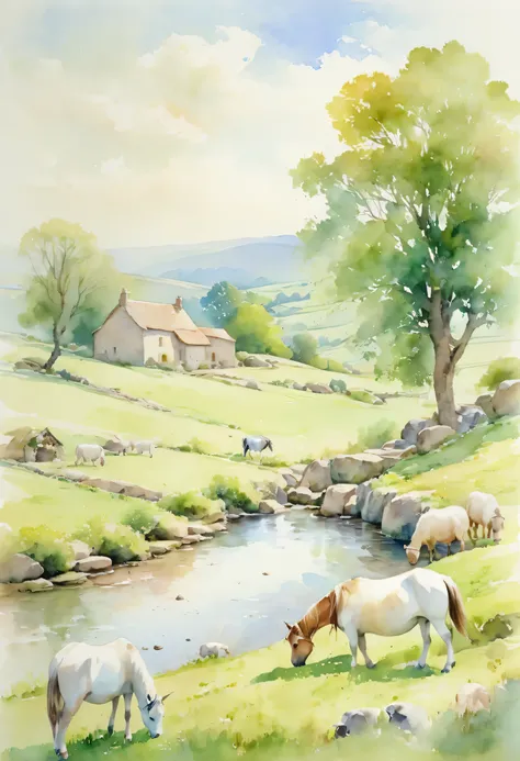 this idyllic, pastoral watercolour concentrates the tranquil essence of a pastoral idyll. rural beauty. horses graze and goats p...