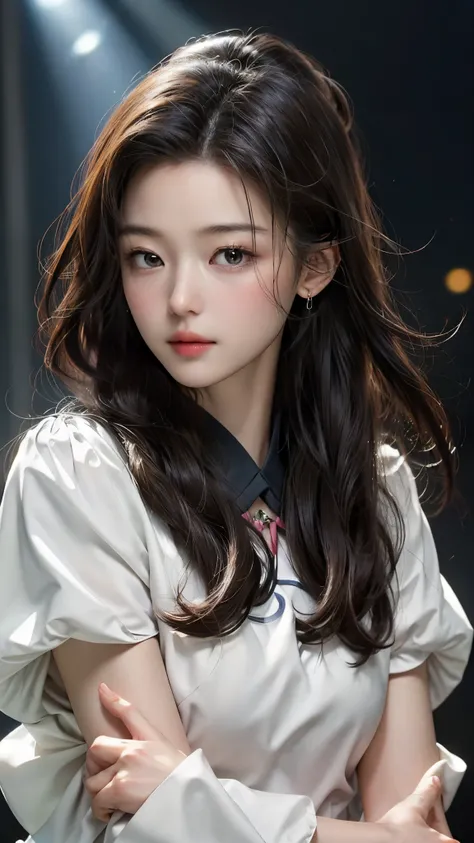 (masterpiece), ( top notch ), ( High Quality Details ), (illustration), (1 woman), is watching the audience, (Interview), Beautiful, detailed eyes , Hair length is random , Floating , (High saturation), (shining), Bright and beautiful face, Her skin is ...