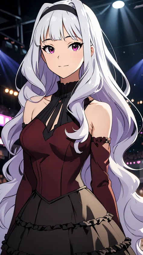 (beautiful woman: 1.3), takane shijou, white long hair, BREAK, dark red dress, sleeveless dress,layered dress, cross-laced dress,long sleeves, bare shoulders, frills, detached sleeves, corset, cool look, wide, on a grand stage, (cinematic angle), idol conc...