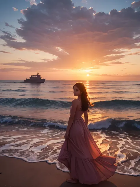 a girl in a dress with a train runs across the waves of the sea in the distance against the background of sunset
