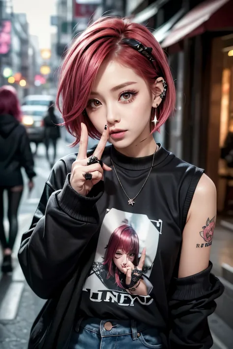 (FuckYou pose:1.4), (Point your middle finger at the camera:1.8), punk girl、Tosaka、Mohawk Sleeveless、Tattoo、 headphones、Goth_punk,  one girl, solo,  medium shot , Walking around Harajuku, ((at night)),  Bokeh Depth of Field ,  neon light, Rainbow Eyes,  st...