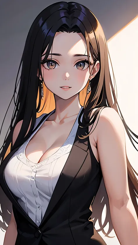 face details,semi realistic, Masterpiece, Master work, perfect , 4k, 1woman,  mature body,medium size breast, straight half body long hair, middle parted hair style, large forehead, black colored hair, golden eyes, gentle smile expression face, wearing sle...