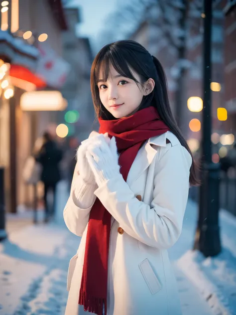 (close-up portrait of one slender small breasts two side up black middle long hair with bangs girl in a winter white long coat a...