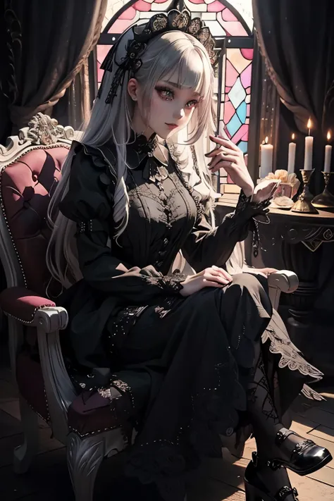 ハード dark gothic makeup、Deep Night Sky、Horror、 black dark eyeshadow 、Good skin radiance、 dark gothic makeup、Dark smile、palace、24 years old、 dark gothic 、 best quality、紫の  maid outfit 、Mysterious、Noble、 sexy、Adorable smile、Right blue eye, Left eye is red、 pl...