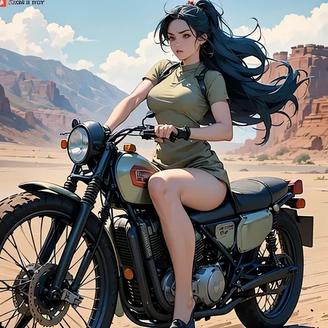 nsfw, very long shot, ANIME SCREENCAP, 16k, perfect anatomy proportion body,  action,  dynamic composition with a sense of speed and dynamism , (Ride an old off-road motorcycle:1.6), a wife, 40age, perfect beautiful delicate sexy face, perfect beautiful de...