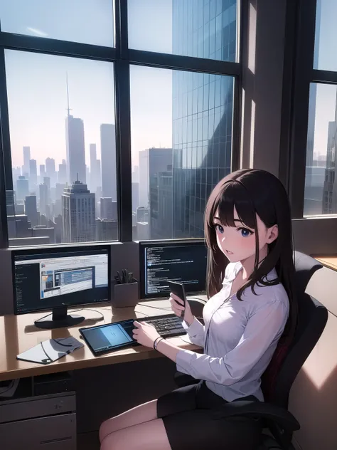 software engineer woman is in an office in NY city, window has view of downtown and skyscrapers, laptop and two monitors, round face, small breasts, 
