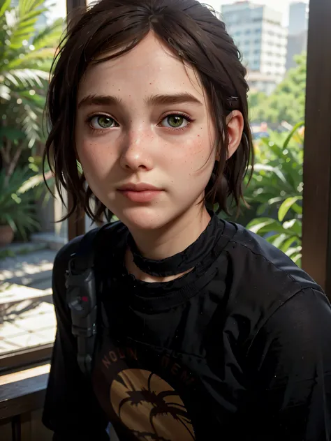 A stunning and intricate full color Ultra-HD portrait, a girl, short brown hair, green eyes, ((detailed face:1.5)), ((cute face:1.3)),((flat chiest:1.5)),turtleneck dress or brown t-shirt, with 2 pale yellow palm tree logo, in a room with a window. no plan...