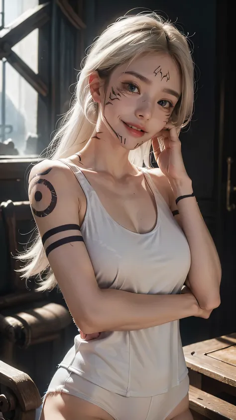 (masterpiece, best quality:1.2), upper body, solo, 1girl, sukuna tattoo, evil grin, looking at viewer, hand on own face, long hair, white hair, blue eyes, extra eyes, v-shaped eyebrows, nudity, thin white strap tank top, blood stain on tank top, long tank ...