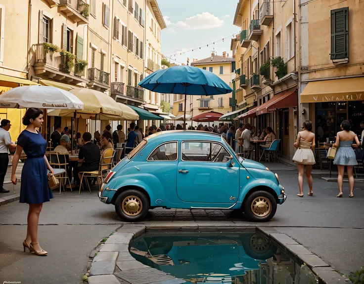 A 1960s Italian piazza on a sunny day, with the Fountain of the Four Rivers in the center reflecting the golden light. Wrought iron tables under striped umbrellas, a cream-colored Vespa and a light blue Fiat 500 parked in the background. The atmosphere is ...