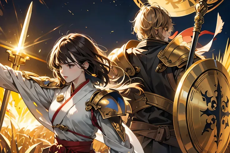  best quality、8k、 knight in golden armor clutching a sword and shield、 medium haired dark-haired shrine maiden 、 couple standing back to back 、immoral background 、 anatomically correct appearance 、Biologically Correct Appearance、