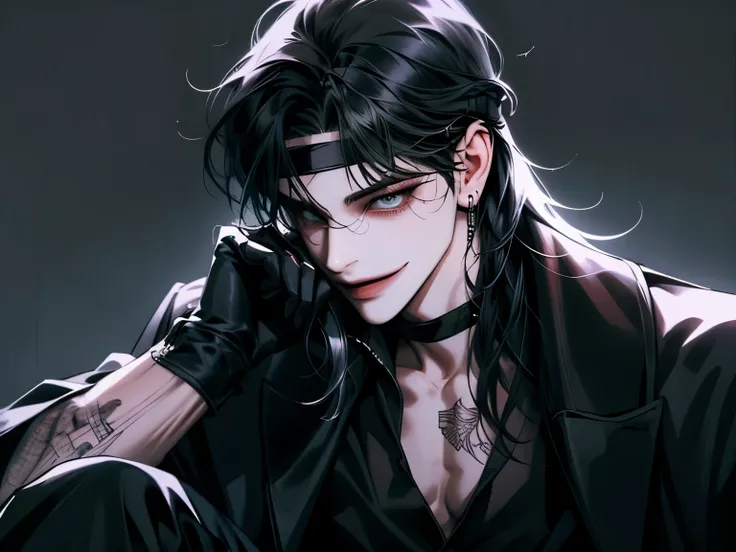 boy, Long hair style with bangs covered,  long black hair ,  sharp eyes,  white skin ,  side view , ((black shirt and black headband)),  Dark alley background , earring,  black gloves , Bouncing a silver coin, (Black tattoo),  green eyes, Smiling , whole b...