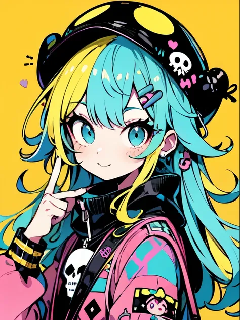  Akira Toriyama Style 、"cute, beautiful, Adorable girl in pink clothes, yellow,   and baby blue color scheme .  She wears a skull motif costume inspired by female pirates.。.。.。.。.。.。.... Fashionable hats, rock、Comes with decorative accessories such as hair...