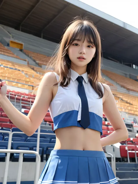  best quality,  best quality, 16k,  Sexy cheerleader cosplay on stage in stadium  ,  very detailed, 2.5D, Delicate and dynamic, sunset, Vivid sky, 小さなかすかな光と色Vivid sky気, Very delicate facial expression, Delicate eye depiction,  upper body closeup,,  erotic,...