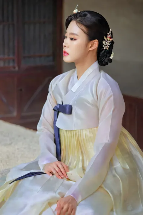 a korean man in women's hanbok, hi is crossdresser, his face and hairstyle are very masculine, silk, sexy hanbok for sexy women,...